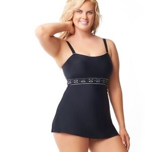 SEA & SAND 8 Laser-Cut Empire Waist Slimming Black Swimdress